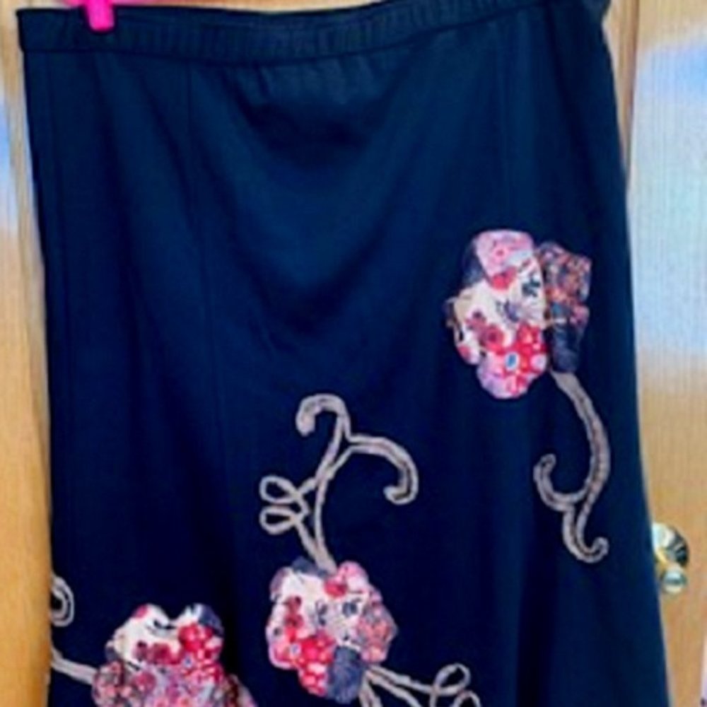 Vintage Koos Of Course! Black A-Line Skirt Floral Embroidery Pull On Sz: L